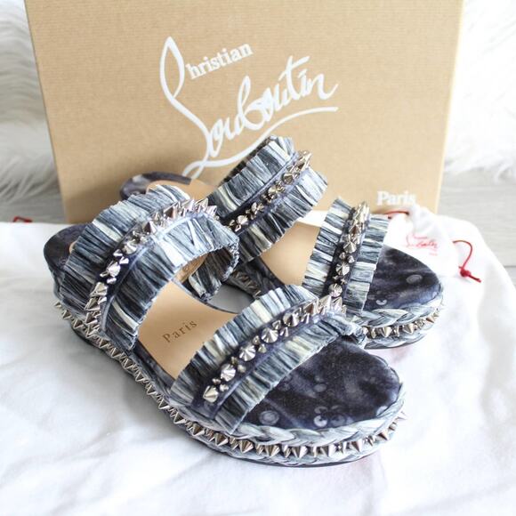 Christian Louboutin Tie-Dye Rafia Straw Flatform Slide Sandals - Picture 4 of 14